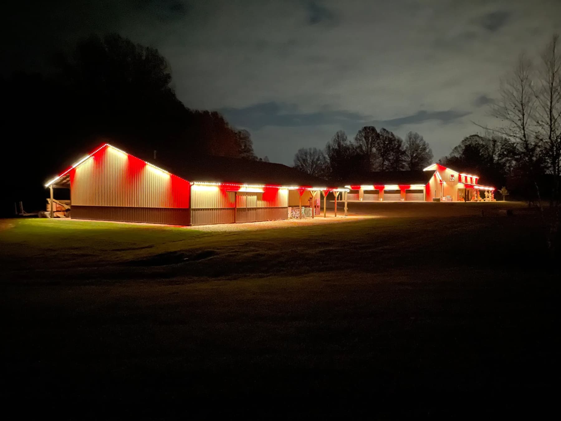 Permanent LED house lighting set to red and white for Canada Day